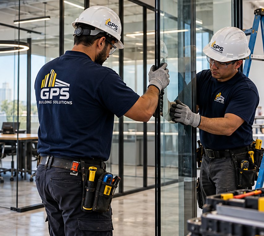 GPS Building Solutions installers setting a floor-to-ceiling glass partition in an office