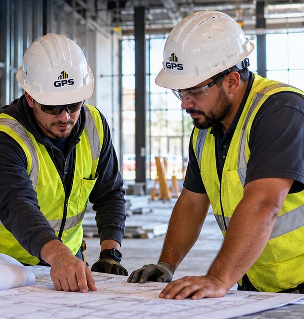 Two GPS Building Solutions crew members reviewing blueprints on an active commercial job site