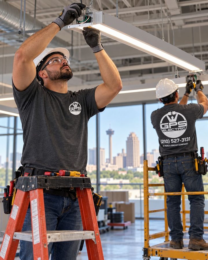 Two GPS Electric electricians installing LED light fixtures in an office with the San Antonio skyline behind them
