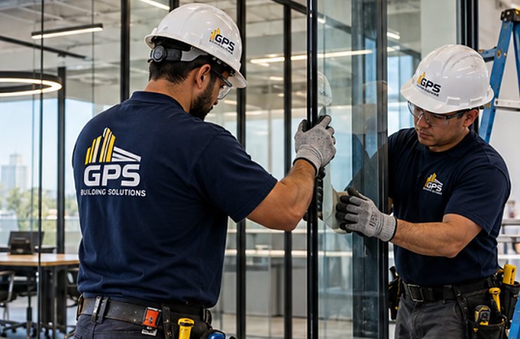 GPS Building Solutions installers setting a glass office partition