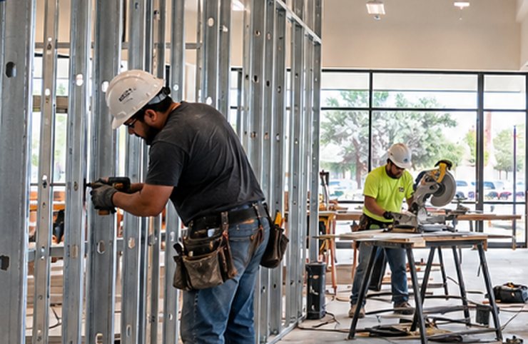 GPS crew framing walls and cutting material during a commercial remodel