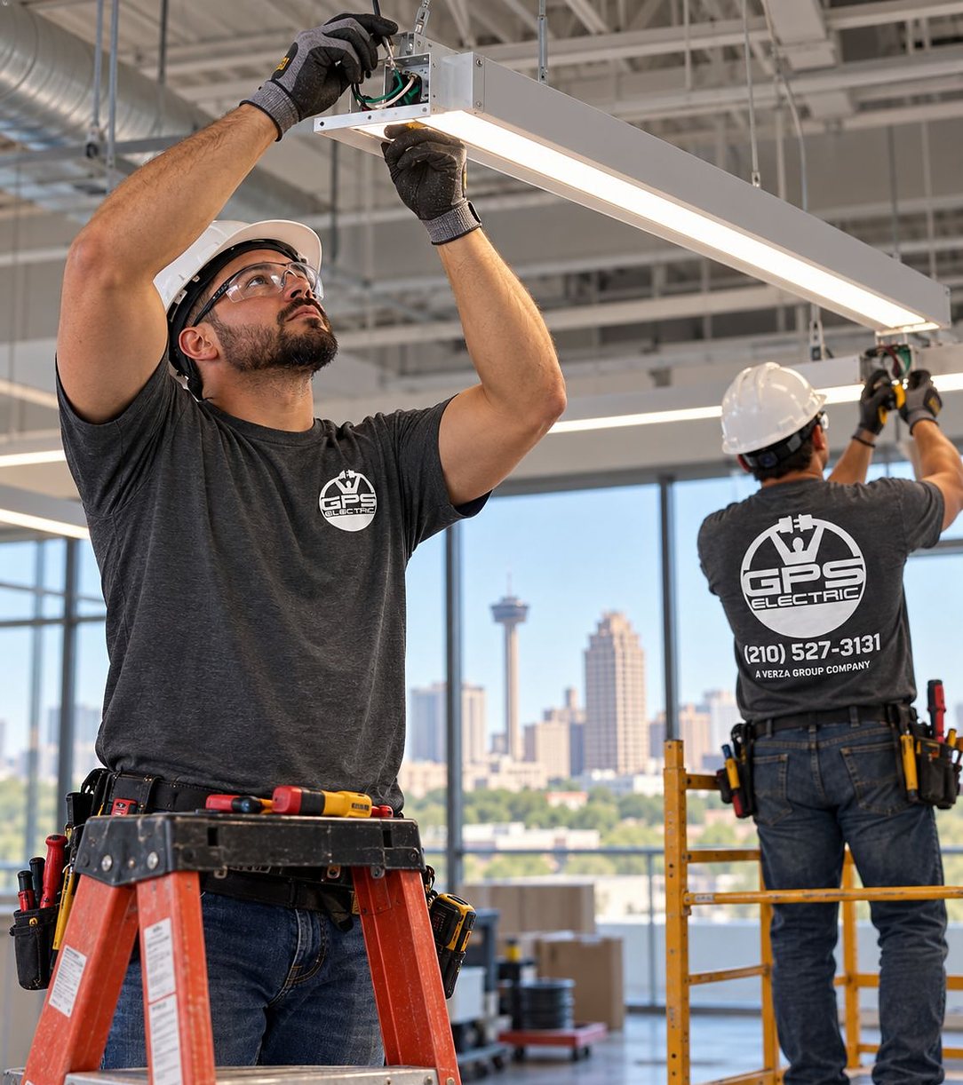 GPS electricians installing LED light fixtures in an office with the San Antonio skyline behind them